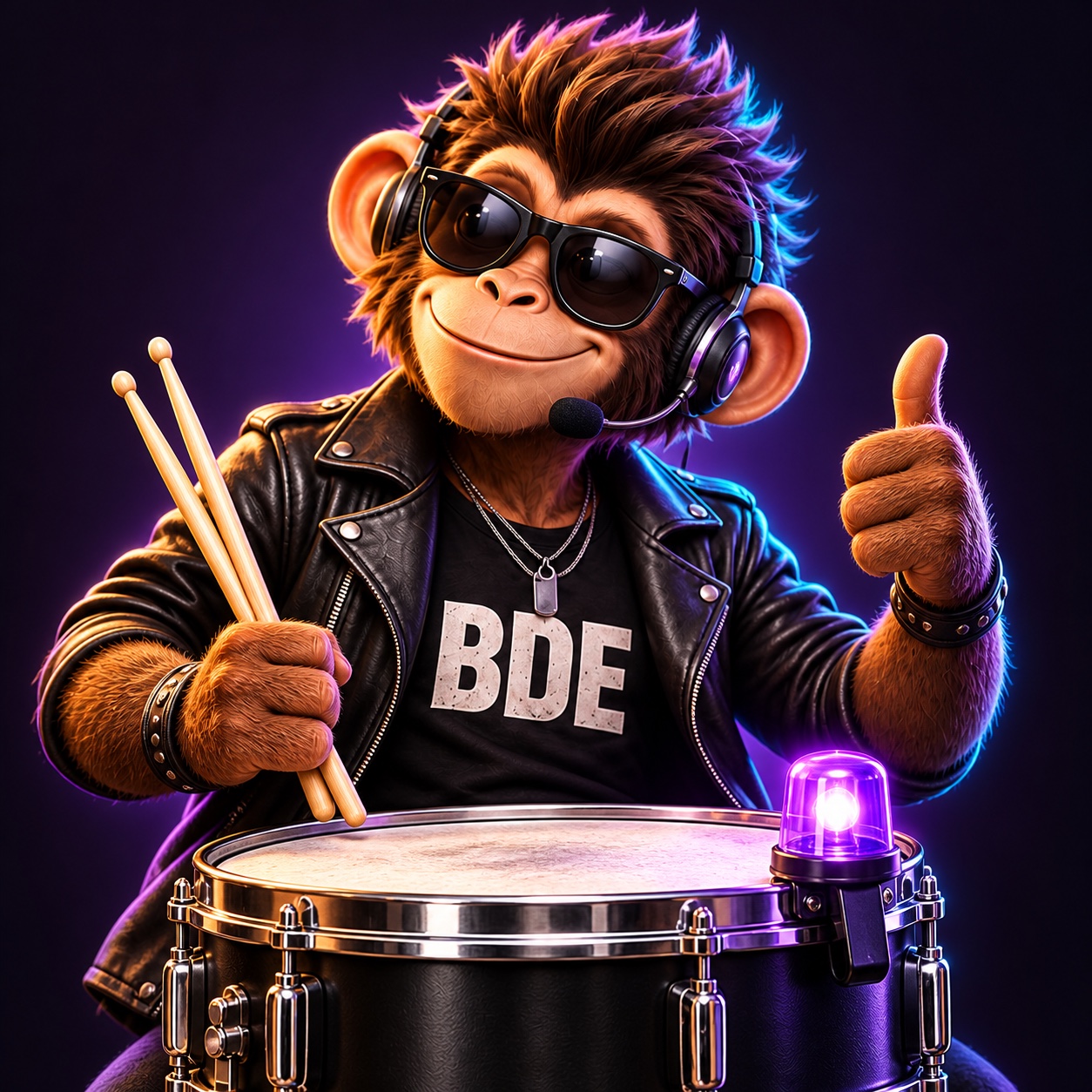BDE Drumbulance monkey wearing a headset, with drumsticks and a purple beacon