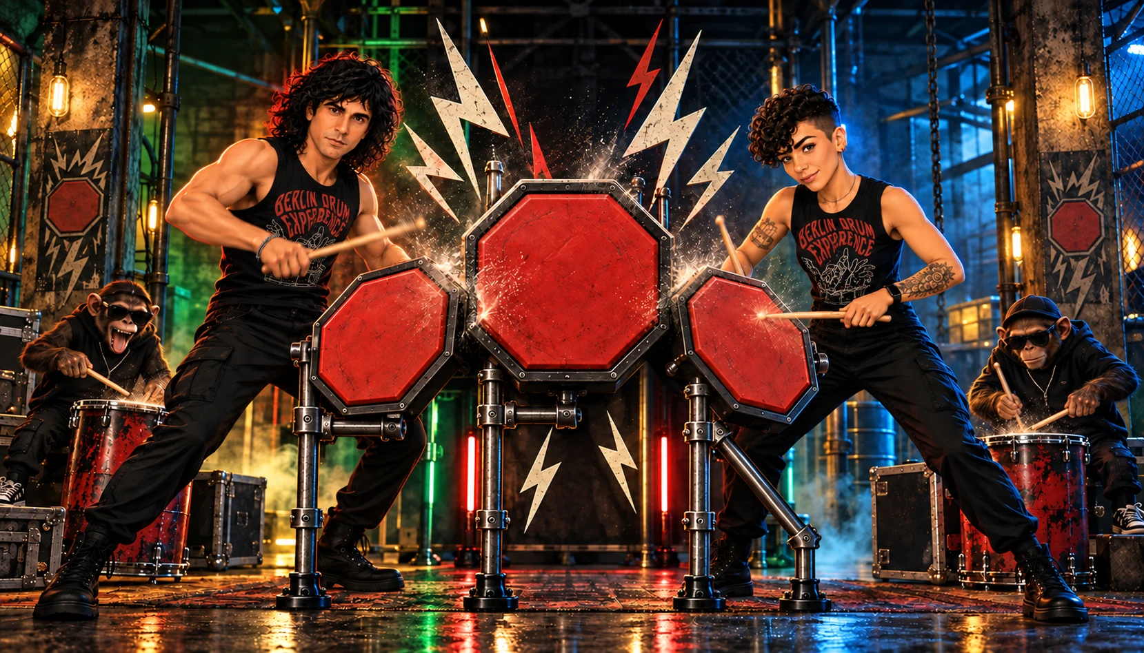 Marco and Natasha playing red practice pads in the PPR artwork