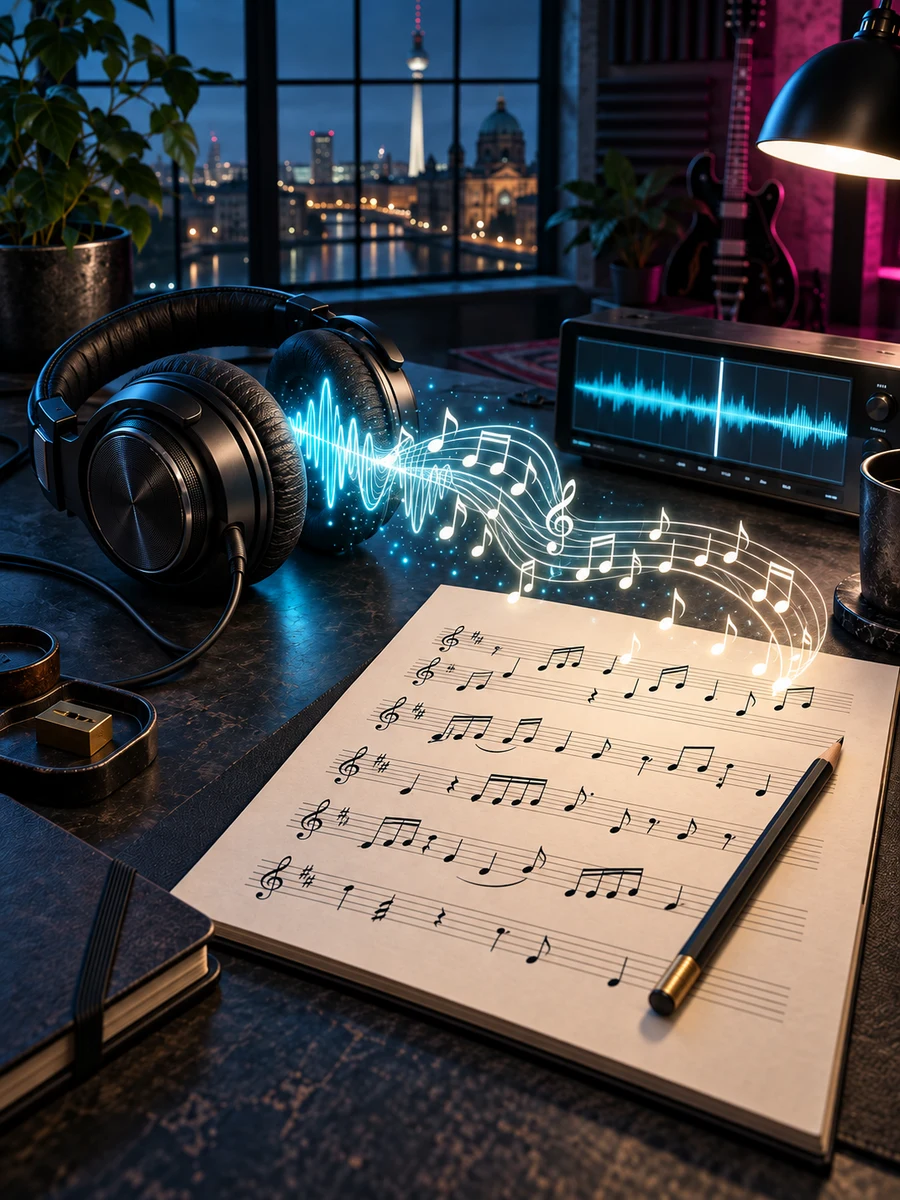 Headphones, a waveform and a rhythmic transcription notebook