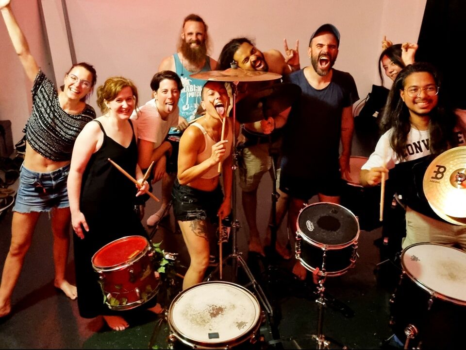 The BDE drumgang together with drums and cymbals