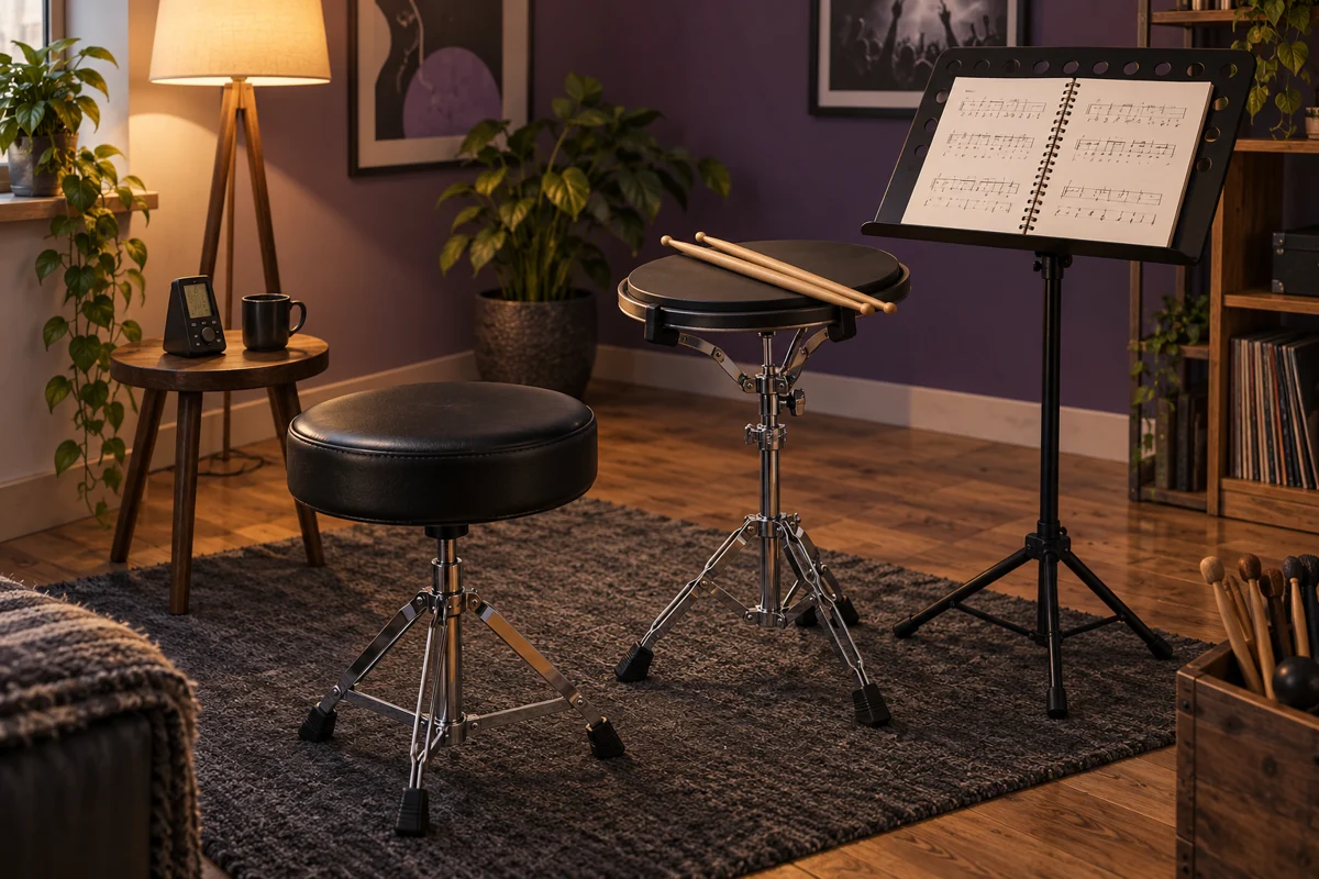 Illustration of a home-practice corner with a pad, sticks, drum throne and music stand
