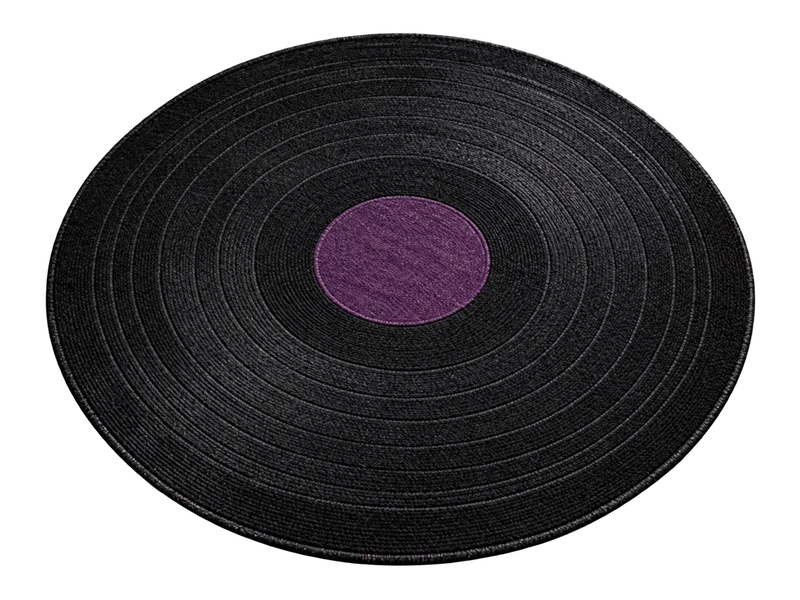 Illustrative round woven rug with a vinyl-inspired pattern and purple centre
