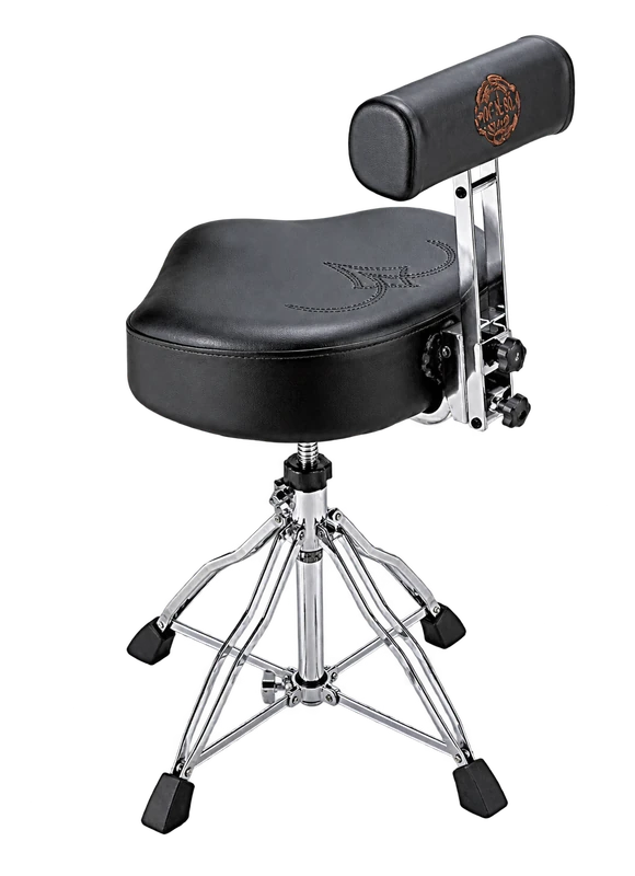 Height-adjustable drum throne with a backrest and shaped seat